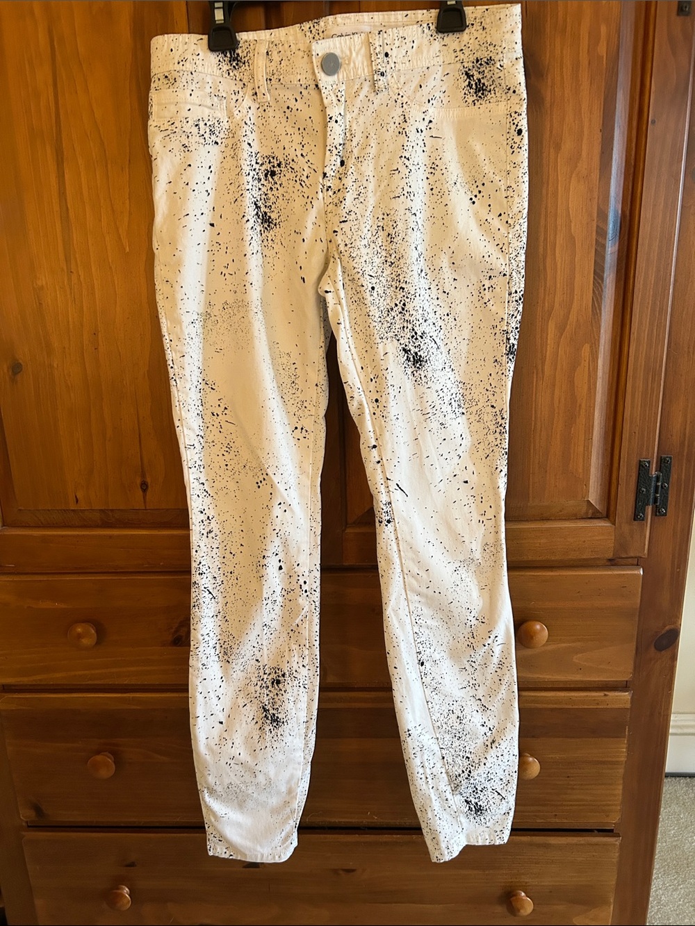 Calvin Klein White Jeans with Black Paint-Splatter